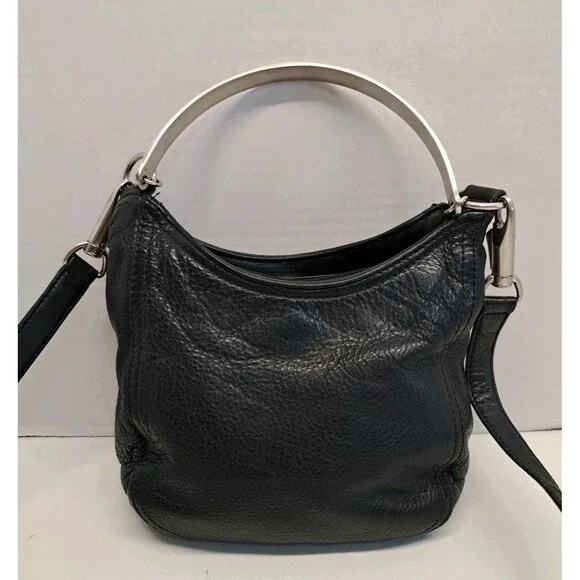 Anee Klein II Black Leather Handbag With Silver Metal Handle And Shoulder Strap - Picture 1 of 14